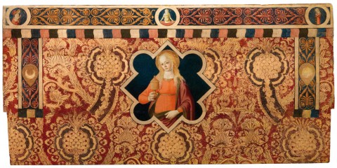 Biagio d’Antonio Tucci (Firenze, 1445 ca-1516), Santa Maria Maddalena e motivi decorativi ‘a griccia’, Ottavo-nono decennio del sec. XV, Paliotto dipinto, tempera su tavola, cm 92 × 203